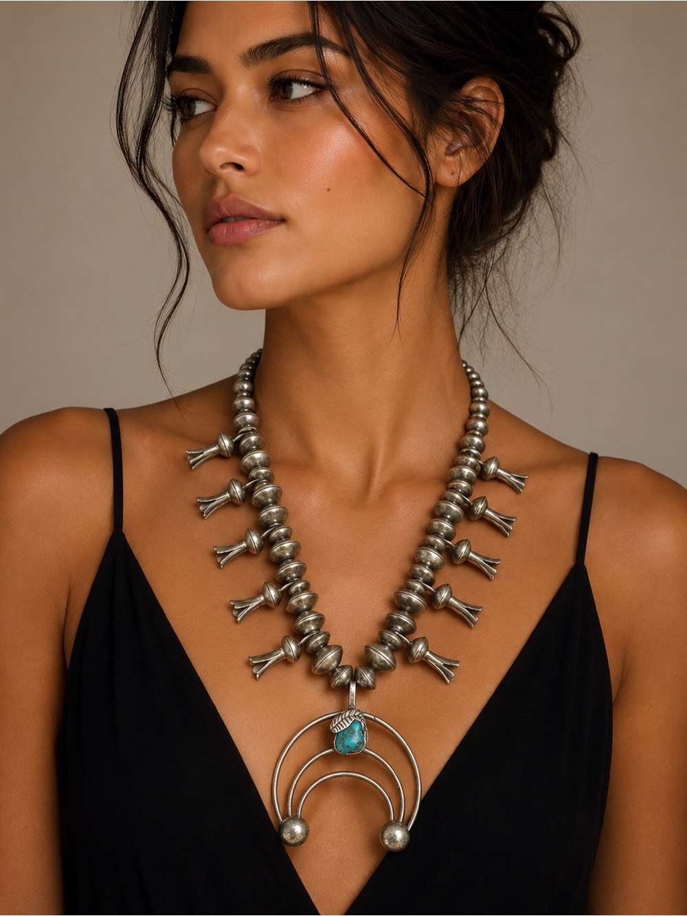 Vintage Navajo Sterling Silver Squash Blossom Necklace • Turquoise Naja • Heavy